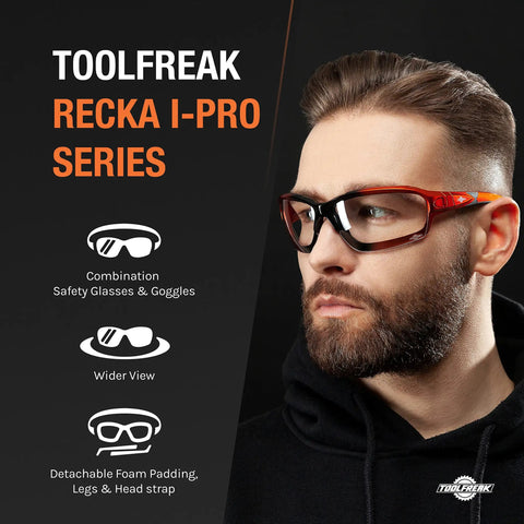 Foam Padded Safety Glasses With Clear Lens, ANSI Z87.1 Rated, U6 UV Protection, Adjustable Headband, Case And Cleaning Cloth Included, Pro Grade Impact Resistant Eyewear For Job Site Ready DIY Pros displayed on model
