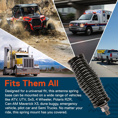Black 2-Piece Heavy-Duty Stainless Steel CB Radio Antenna Spring Mount Base For Offroad UTV ATV SxS shown on vehicles