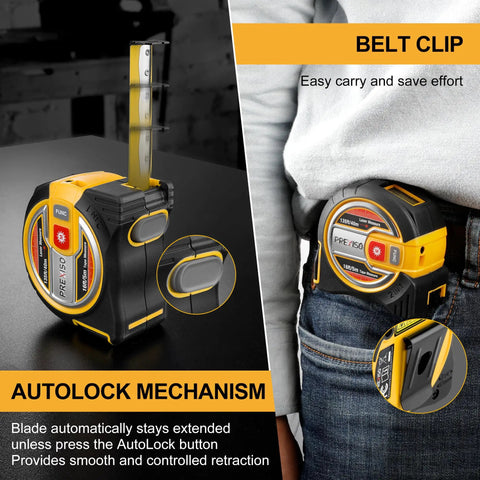 2 In 1 Laser Tape Measure With Auto Lock Magnetic Hook, 135 Ft Laser Range And 16 Ft Manual Tape, clipped to a belt