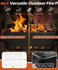 Portable Campfire Grill With Grate And Carry Bag Heavy Duty Outdoor Fire Pit showing grilling food on a bonfire