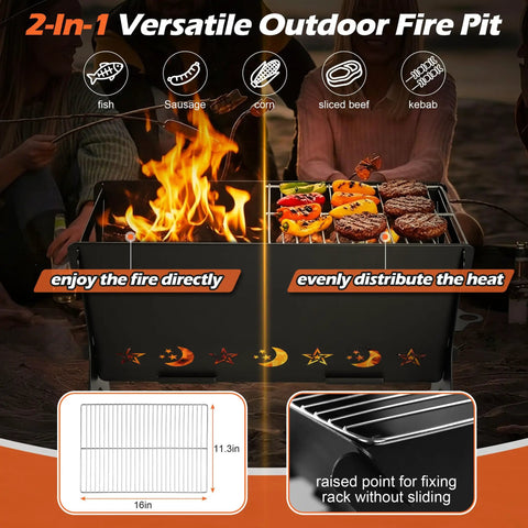 Portable Campfire Grill With Grate And Carry Bag Heavy Duty Outdoor Fire Pit showing grilling food on a bonfire