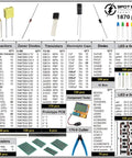 Detailed layout of DIY Electronic Component Kit Assortment with resistors, capacitors, LEDs, transistors, zinc-coated diodes, LCR T4 tester