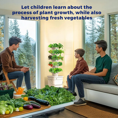 Family using Hydroponics Growth System Kit With 5 Layer Vertical Tower And 30 Planting Holes Space Saving Indoor Outdoor Garden