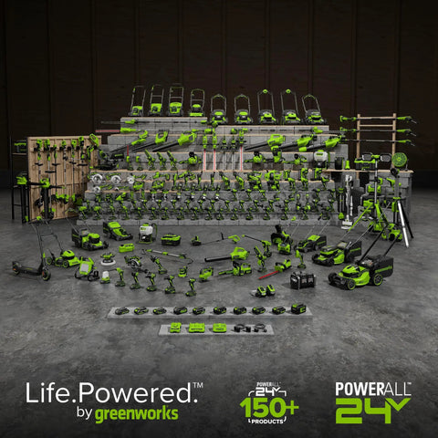 Give Your Lawn That Righteous Glow Up With This Badass 24V Cordless Combo Kit Packing A 12 Inch String Trimmer And Blower With Auto Feed Head For Zero Sweat Outdoor Yard Work display of various greenworks outdoor power tools including trimmers and blowers.