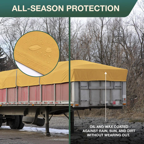 Waterproof Waxed Canvas Tarp Cover 8x10 Ft on truck showing oil and wax coating, heavy-duty duck cloth, and rustproof brass grommets.