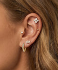 Gold Stud Earrings Set For Women With Nine Pairs Of CZ Flower, Ball, And Star Huggie Hoops For Multiple Piercings, Flat Back Cartilage Tragus Earrings, Stacks, Gold Silver Plated, Everyday Shine on ear