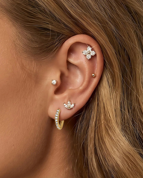 Gold Stud Earrings Set For Women With Nine Pairs Of CZ Flower, Ball, And Star Huggie Hoops For Multiple Piercings, Flat Back Cartilage Tragus Earrings, Stacks, Gold Silver Plated, Everyday Shine on ear