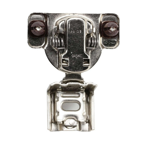 Beefy One And One Quarter Inch Overlay Soft Close Cabinet Hinge With 105 Degree Opening Angle, 2 Cam Press In, face frame, close-up view.