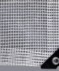 Close-up corner of HydraTarp Clear Greenhouse Tarp 18 Ft By 24 Ft Heavy Duty 11 Mil with 3x3 Mesh Weave and grommet