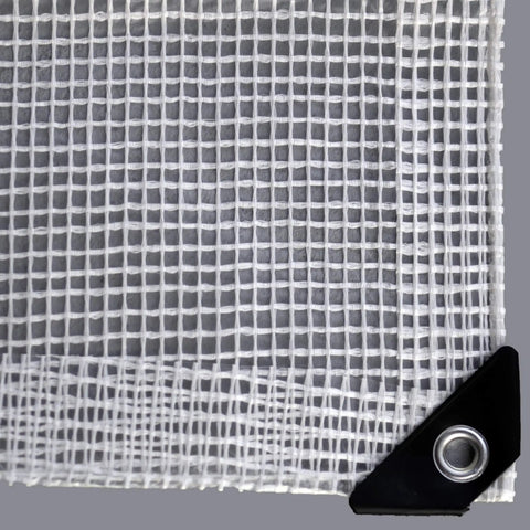 Close-up corner of HydraTarp Clear Greenhouse Tarp 18 Ft By 24 Ft Heavy Duty 11 Mil with 3x3 Mesh Weave and grommet
