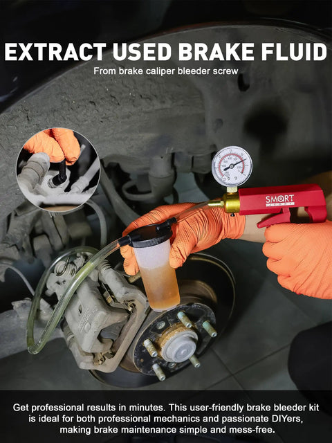 Brake Bleeder Kit With Hand Vacuum Pump For Motorcycles 17 Pcs in use extracting fluid from brake system with pressure gauge