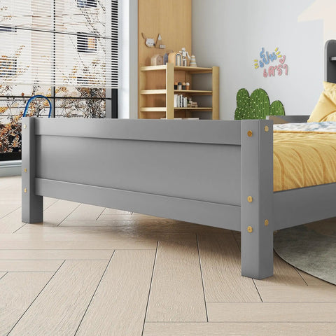 Twin Size Pine Wood Bed With Built In Bookcase Headboard Guardrails And Led Motion Sensor Light Gray Finish For Easy Nighttime Access Sturdy Slat Support Space Saving Storage Ready For Modern Dorm Or Bedroom in a room with shelf view.