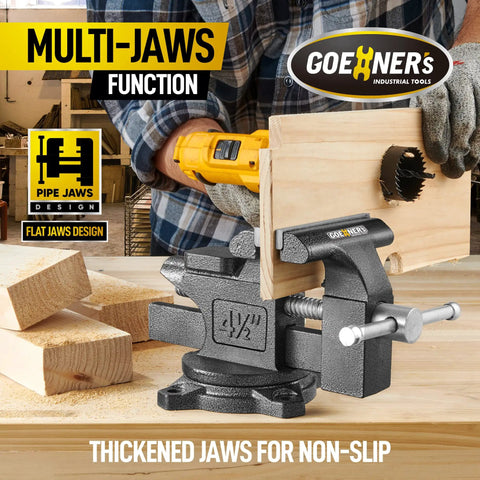 Person using heavy duty workbench vise with swivel base and multi jaw for a woodworking project in a home shop
