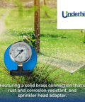 HeadChecker Sprinkler Head Tester With 160 PSI Gauge Dial Indicator And Female Nozzle Adapter on green lawn background