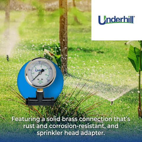 HeadChecker Sprinkler Head Tester With 160 PSI Gauge Dial Indicator And Female Nozzle Adapter on green lawn background
