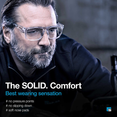 Man wearing All Day Comfort Safety Glasses With Side Shields Clear Anti Fog Lens Anti Scratch And Anti Glare Protective Eyewear