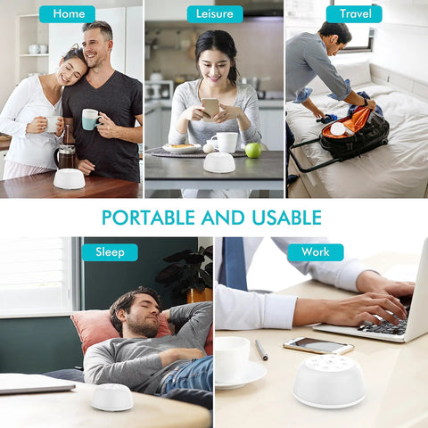 Collage of All Night White Noise Machine in various settings like home, travel, sleep, and work, showcasing its portability and versatility.