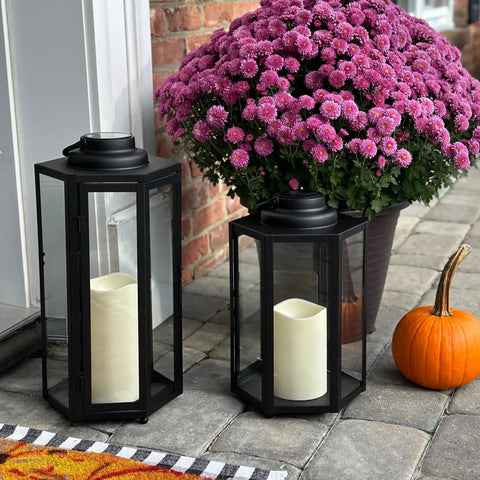Outdoor Solar Powered Lantern With Flameless Candle 18 Inch Black Metal And Glass Waterproof Hanging Tapered Candle Lamp