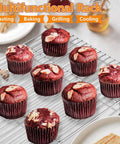 Cooling rack with red velvet muffins, labeled multifunctional for roasting, baking, grilling, and cooling.