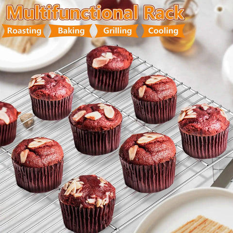 Cooling rack with red velvet muffins, labeled multifunctional for roasting, baking, grilling, and cooling.