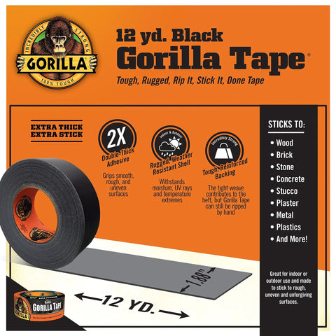12 yd. Black Gorilla Tape product features with a roll of tape, showing durability and adhesion for various surfaces.