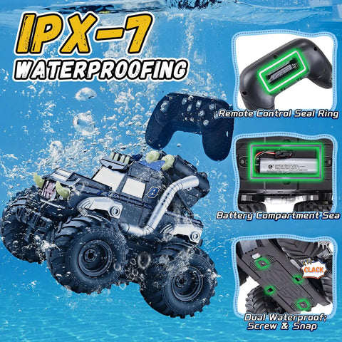3 In 1 Amphibious RC Car Boat Water Gun With 2 4GHz Control All Terrain Waterproof Monster Truck For Kids Aged 4 To 8 with IPX-7 waterproofing features and remote control seal ring, in water demonstrating capabilities.