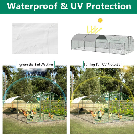 Diagram of sturdy walk in chicken coop run with waterproof cover and lockable door showing UV protection and weather resistance