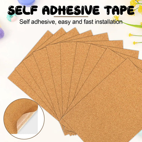 Ten Piece Natural Cork Self Adhesive Sheets Eight Point Three By Eleven Point Seven Inches One Millimeter Thick in a stacked arrangement.