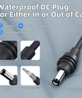 Close-up of waterproof DC plug showcasing 19AWG copper wire, PVC jacket, and gasket for Plug And Play Road Warrior 10 Foot DC Power Cable Featuring Dual 100 Watt Charging Bays And Integrated Volt Gauge For Zero Stress Starlink Mini Setup Anytime You Hit The Road.