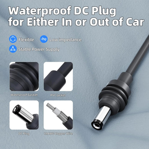 Close-up of waterproof DC plug showcasing 19AWG copper wire, PVC jacket, and gasket for Plug And Play Road Warrior 10 Foot DC Power Cable Featuring Dual 100 Watt Charging Bays And Integrated Volt Gauge For Zero Stress Starlink Mini Setup Anytime You Hit The Road.