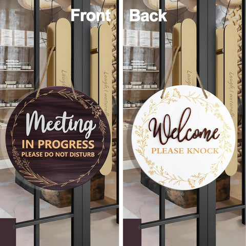 Double Sided Meeting In Progress Door Sign For Office Doors 9.8 Inch Round Wood Conference Room Decor Do Not Disturb Please Knock