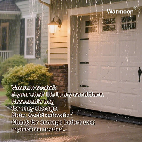 Garage entrance with visible 10 foot self absorbing flood barrier for doors and entrances no fuss setup ready to block floods