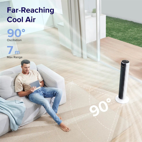 Beat The Summer Heat With This Whisper Quiet Bladeless Tower Fan Serving Smooth 90 Degree Oscillating Airflow, Slim Remote, Five Fast Speeds, Long Countdown Timer, Smart Bedroom Home Heating Cooling Essential