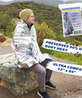Person wrapped in foil emergency blanket in nature, 55"x84" size, part of One Person 3 Day Emergency Kit With Five Year Emergency Food And Water