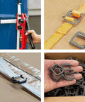 Heavy Duty Phosphate Strapping Buckle Set For Three Quarter Inch Woven Cord Strapping Tape Anti Slip Coating For Maximum Grip Built Tough For Heavy Loads 200 Pack in use with tensioner and holding buckles