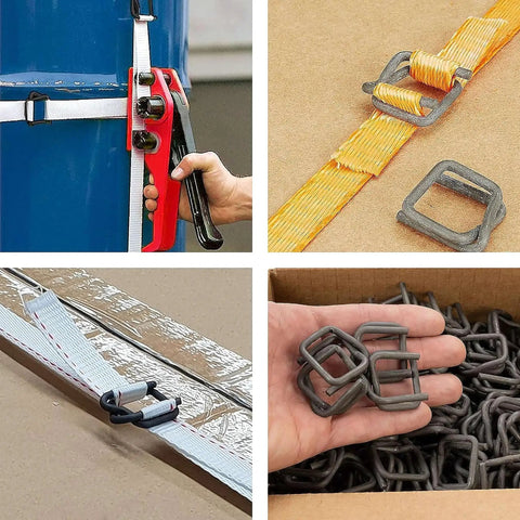 Heavy Duty Phosphate Strapping Buckle Set For Three Quarter Inch Woven Cord Strapping Tape Anti Slip Coating For Maximum Grip Built Tough For Heavy Loads 200 Pack in use with tensioner and holding buckles