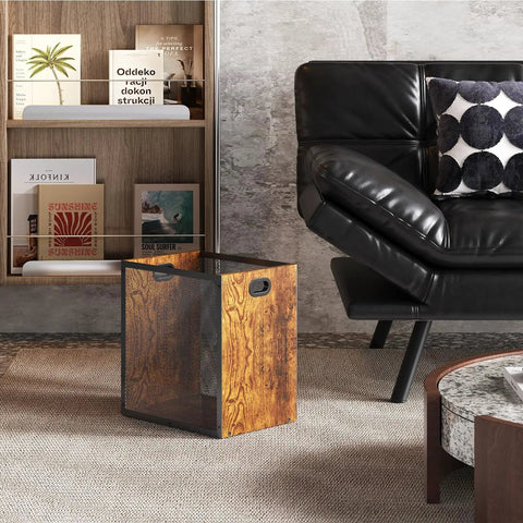 Dope Retro Industrial Office Trash Can With Iron And Wood Construction, Rectangular Wastebasket With Handle in living room