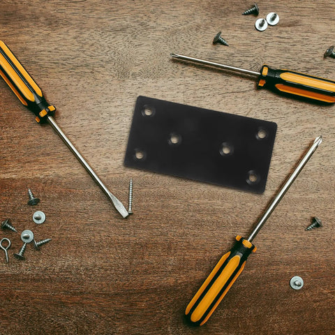 Beefy Heavy Duty Flat Plate Corner Brackets With Screws Black 10x5cm Set for tables and chairs, shown with tools and screws on wood