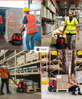 Powerhouse Full Electric Pallet Jack Bundle With Amps Boosting 4800 Lbs Capacity And 48 Inch Forks in warehouse use with workers.