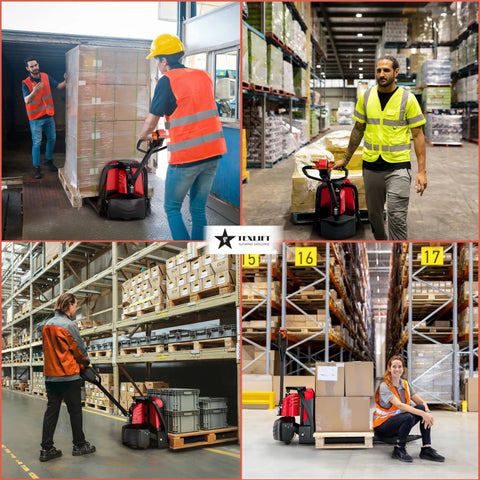 Powerhouse Full Electric Pallet Jack Bundle With Amps Boosting 4800 Lbs Capacity And 48 Inch Forks in warehouse use with workers.