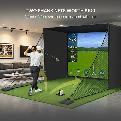 Golfer practicing in Golf Simulator Enclosure For Home 10x8 Ft Cage With HD Impact Screen, Two Side Shank Nets, Indoor Garage Setup