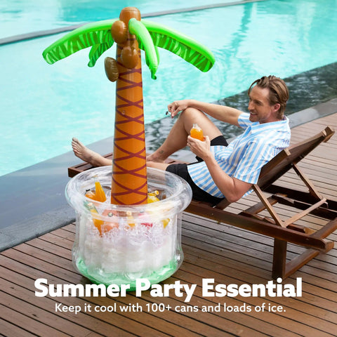 Inflatable Palm Tree Cooler, 60 Inch Tall, Beach Theme Pool Party Decor beside swimming pool keeping drinks cold