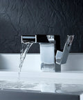 Low Arc Single Hole Waterfall Bathroom Sink Faucet In Polished Chrome Lead-Free Solid Brass Deck Mounted Lavatory Faucet With One Handle European Style Design For One Or Three Hole Installation On Point in use, water flowing into a sink.