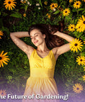 Top Shelf 10000 Black Eyed Susan Heirloom Flower Seeds For Planting with a woman lying among vibrant yellow daisies in sunlight.