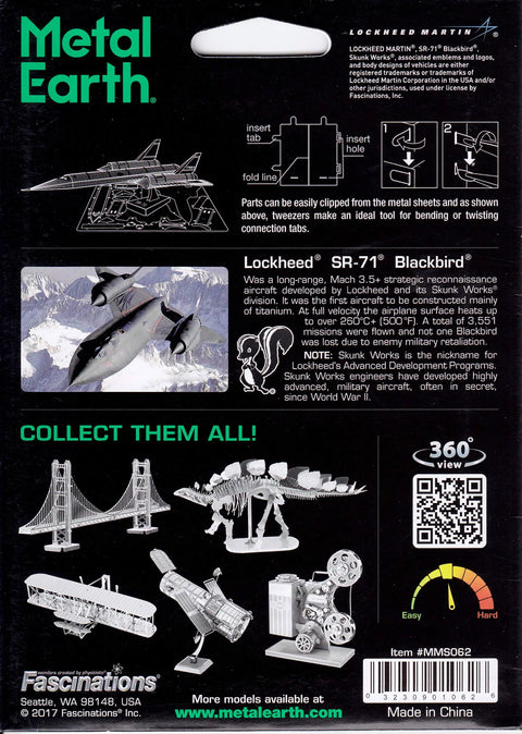 Back packaging of SR-71 Blackbird 3D Metal Model Kit For Easy Assembly No Glue Needed Clip And Twist Tabs With Tweezers Ideal Hobby Project