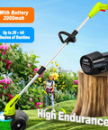 Cordless Weed Wacker 12V Battery Powered with 65 inch adjustable pole, lightweight 3.72 lb grass trimmer shown with metal blade and battery.