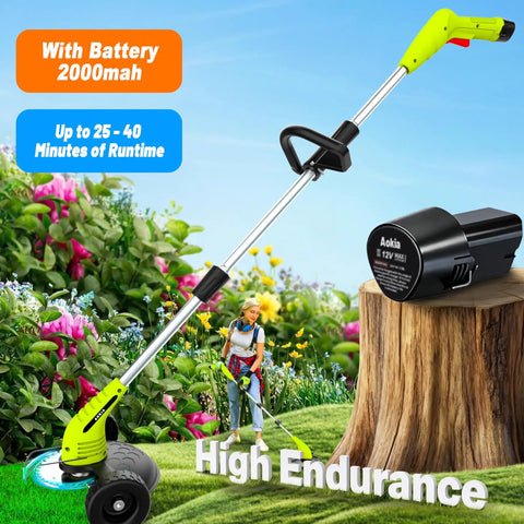 Cordless Weed Wacker 12V Battery Powered with 65 inch adjustable pole, lightweight 3.72 lb grass trimmer shown with metal blade and battery.