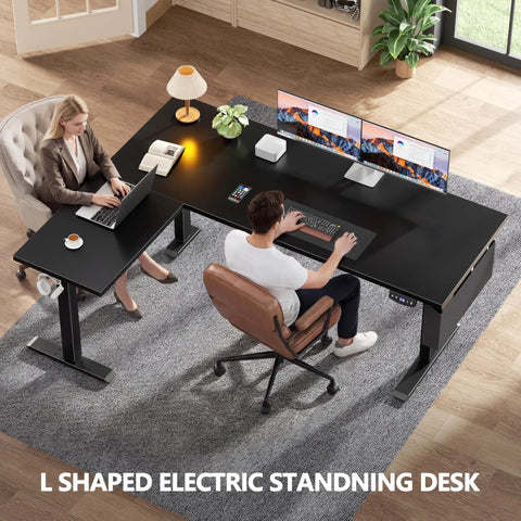 Two people working at L Shaped Electric Standing Desk With Memory Presets 63 Inch Corner Sit To Stand Desk Adjustable Height