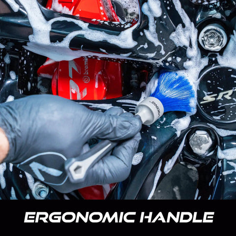 Ergonomic Lug Nut Cleaning Brush For Wheels And Rim Detailing Long Soft Bristles That Conform To Recessed Areas Grey 8.5 Inch By 1 Inch Rubber Gripped Handle Slick Car Detailing Tool cleaning lug nut wells on foamed wheel
