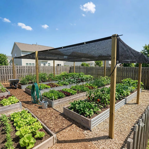 30 Percent Shade Cloth For Greenhouses And Gardens 8 Foot By 12 Foot Heavy Duty HDPE Tarp With Grommets installed over a garden